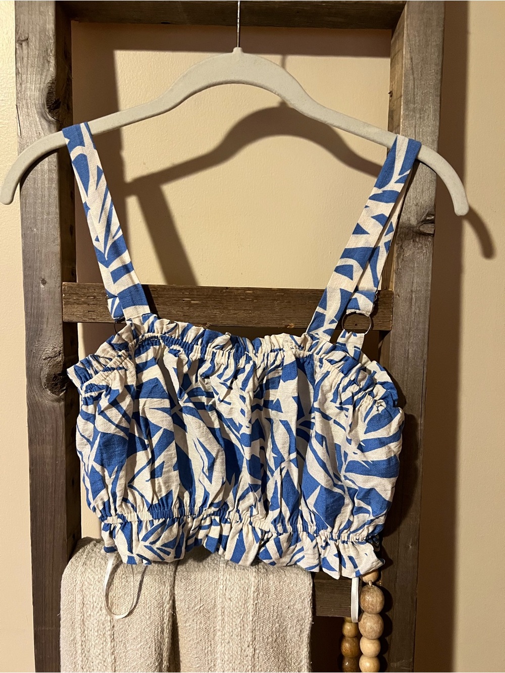 Blue and White Leaf-Print Smocked Crop Top with Adjustable Straps